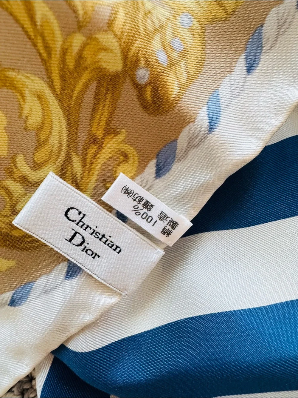 Authentic Dior Blue White and Gold Printed Silk Scarf